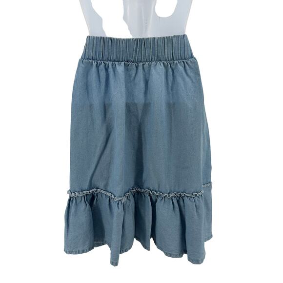 Torrid Skirt WMNS M Blue Chambray Ruffle Shirred Hem Stretch Waist Front Pockets - Picture 7 of 12